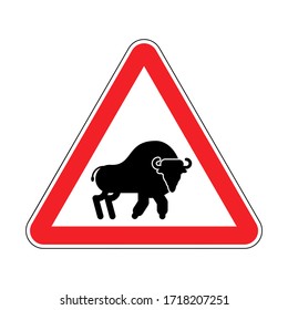 Attention Bison. Caution Aurochs. warning Zubr. Admonition Wild Bull Buffalo. Red Danger Triangle Road sign.  