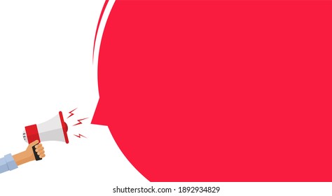 Attention important information message announcement from megaphone loud speaker banner flat cartoon, loudspeaker caution alert and warning notice concept, advertisement template empty blank