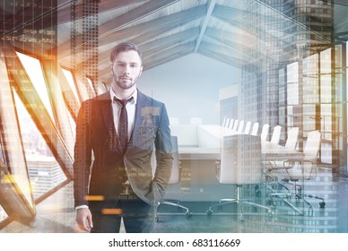 Attic Conference Room Interior With A Long Wooden Table, Rows Of White Chairs Near It And Glass Doors. White Ceiling. Close Up. Man 3d Rendering Mock Up Toned Image Double Exposure