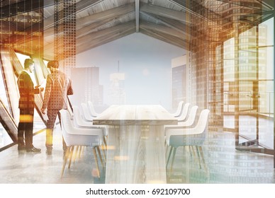 Attic Conference Room Interior With A Long Wooden Table, Rows Of White Chairs Near It And Glass Doors. Men 3d Rendering Mock Up Toned Image Double Exposure