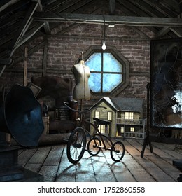 Attic in the dark and scary house of terror, 3D illustration