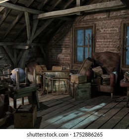Attic in the dark and scary house of terror,3D illustration