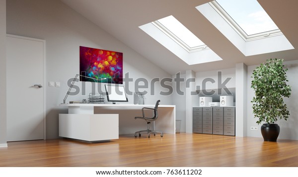 Attic Home Office Study Room Desk Stock Illustration 763611202