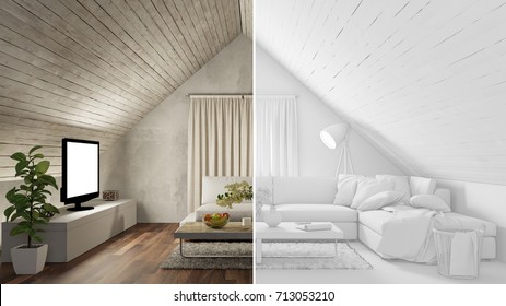 Attic Living Room With CAD Draft For Room Planner View (3D Rendering)