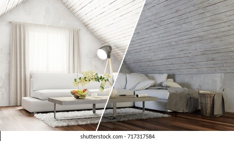 Attic Living Room Interior Design Day And Night Concept (3D Rendering)