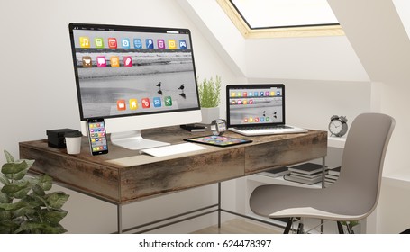 attic study devices with interface. 3d rendering.