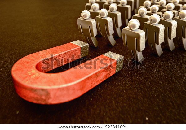 Attracting of customers,\
sales and online traffic, marketing business strategy concept, red\
lead magnet attracts figures of people on a black background, 3d\
illustration