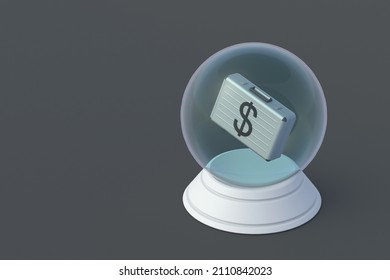 Attracting money. Forecasting the exchange rate. Dream concept. Magic Discounts. Prediction of budget. Divination for wealth. Money suitcase with dollar symbol in magic sphere. Copy space. 3d render