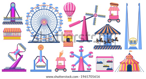 Attractions festive\
park. Amusement park attractions, ferris wheel, circus tent.\
Carnival entertainment park  illustration set. Shooting range ice,\
cream stall, circus tent\
outdoor