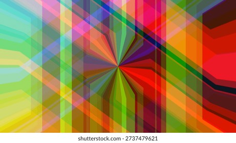 An attractive abstract composition featuring overlapping geometric layers and a central radial burst. Translucent stripes in neon lime, hot pink, and bold red intersect to create a multidimensional ef