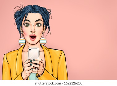 Attractive amazed young woman  with mobile phone in hand. Wow girl in comic style. Pop art woman holding smartphone.Digital advertisement female model showing the message or new app on cellphone. 