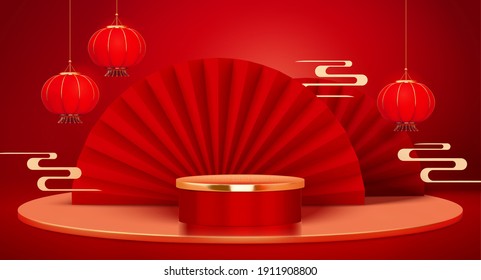 Attractive CNY Oriental Style Red Background With Paper Fan And Round Podium, 3d Illustration Template