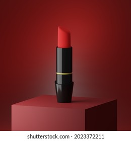 Attractive red lipstick product on square stage. Isolated on red background. Lipstick 3d model.   - Powered by Shutterstock