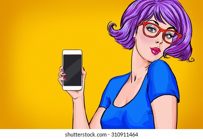 Attractive sexy girl in glasses with phone in the hand in comic style. Pop art woman holding smartphone. Digital advertisement female model showing the message or new app on cellphone. 
