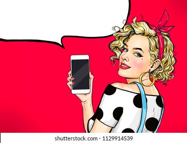 Attractive sexy girl in with phone in the hand in comic style. Woman holding smartphone. Digital advertisement female model showing the message or new app on cellphone. 