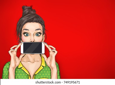 Attractive sexy girl in with phone in the hand in comic style. Woman holding smartphone. Digital advertisement female model showing the message or new app on cellphone. 