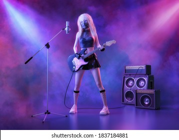 An attractive young girl musician with a protective face mask plays the guitar on stage. The girl live performance singing, playing a musical instrument during coronavirus COVID-19 pandemic, 3D  - Powered by Shutterstock