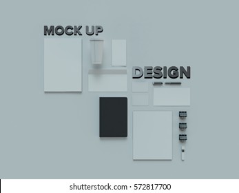 Attributes of web Designer on gray background. Top View. Flat Lay. 3D rendering. High resolution.