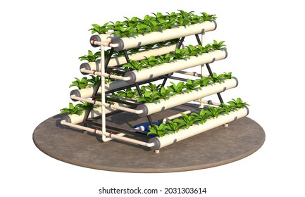 A-Type Hydroponic System For Growing Plants And Vegetables In A Nutrient Solution. White Background. 3d Illustration