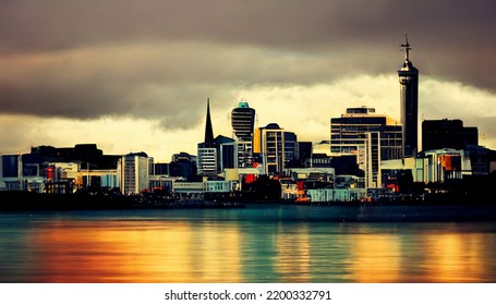 Auckland Cityscape Ocean Water Evening Sky View Painting