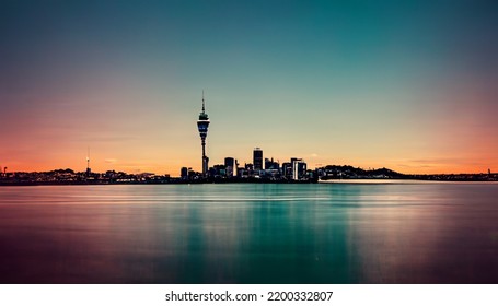 Auckland Cityscape Ocean Water Evening Sky View Painting