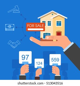 Auction And Bidding Concept Illustration In Flat Style Design. Selling House From Auction.