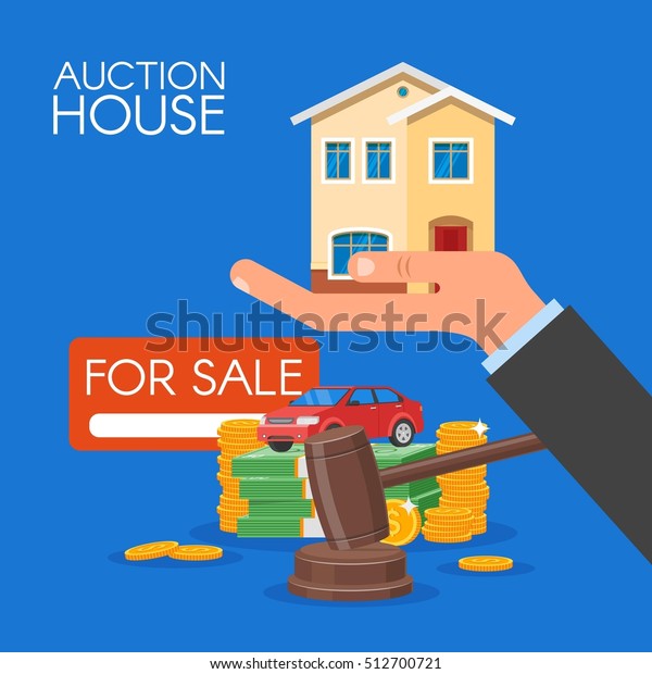 Auction and bidding concept illustration in flat\
style design. Selling\
house.