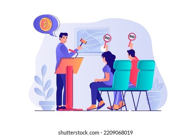 Auction Concept With People Scene. Man Auctioneer Selling Art Painting, Byers Bidding, Buying And Investment Money In Valuable Artworks. Illustration With Characters In Flat Design For Web