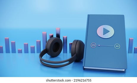 Audio Book And Headphones, Electronic Book And Sound Wave, Listen E-book Illustration, Blue Background - 3d Rendering