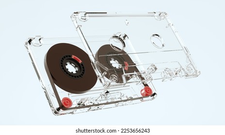 Cinta cassette de audio desmontada en fondo de estudio azul claro. Concepto mínimo. Retro. procesado 3D.