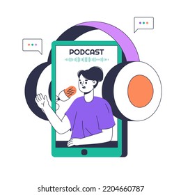 Audio podcast recording female character. Podcast radio host, outline interview talk show flat symbols illustration. Podcast interview recording - Powered by Shutterstock