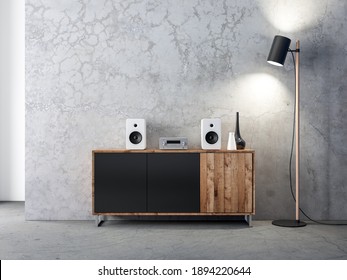 Audio Stereo System Mockup With White Speakers On Bureau In Modern Interior, 3d Rendering