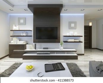 Audio system with TV and shelves in the living room Contemporary style. Wood veneering furniture in brown with decorative panels. 3D render.