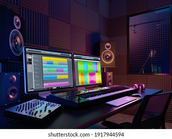 Audio Workplace,recording Studio,computer Music Studio.3d Rendering