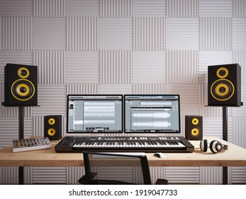 Audio Workplace,recording Studio,computer Music Studio.3d Rendering