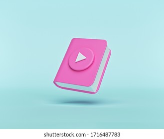 Audiobook concept. book with play button isolated on pastel blue background. minimal style. 3d rendering