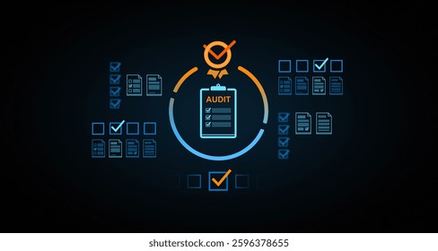 Audit process concept with checklist, verification marks, and documents in futuristic 3D rendering on dark background. Compliance and quality control