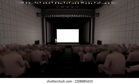 Auditorium Large Screen In Presentation Hall Mockup, Stage Front Side View, 3d Rendering. 3d Illustration. Mock Up. Chair In Row For Seminar Or Training. Conference Room With Display.