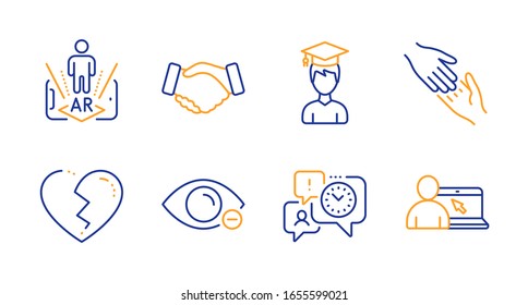 Augmented Reality, Broken Heart And Helping Hand Line Icons Set. Myopia, Student And Handshake Signs. Time Management, Online Education Symbols. Phone Simulation, Love End. People Set.