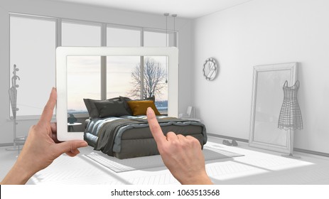 Augmented reality concept. Hand holding tablet with AR application used to simulate furniture and interior design products in real home, 3d illustration