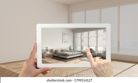 Konzept der erweiterten Realität. Handheld-Tablette mit AR-Anwendung zur Simulation von Möbeln und Designprodukten im leeren Innenraum mit Parkettboden, modernes Schlafzimmer mit Dekoration, 3D-Illustration