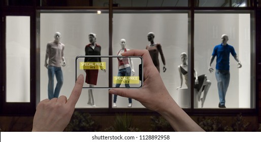 Augmented Reality Marketing Concept. Hand Holding Digital Tablet Smart Phone Use AR Application To Check Special Sale Price In Retail Fashion Shop, Mall Interior Design, 3d Illustration