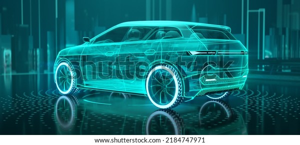 Augmented reality of wireframe car concept on the\
road and futuristic city on the background. SUV car in back side\
view. Professional 3d rendering of own designed generic non\
existing car\
model.