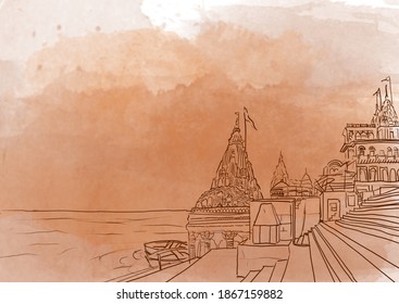 August 11, 2020: Landscape of Kashi is illustrated. Beautiful city of Gods. Banks of Ganga. 