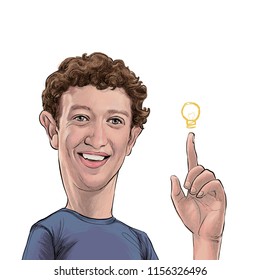 August 15, 2018 Caricature of Mark Elliot Zuckerberg Facebook Portrait Drawing Illustration.