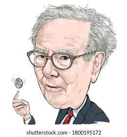 August 21, 2020 Caricature of Warren Edward Buffett, Warren Buffett, Investor , Businessman Millionaire Portrait Drawing Illustration.