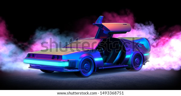 August. 28, 2019:\
Delorean car illustration with blue and pink smoke and black\
background\
. - 3d\
Render