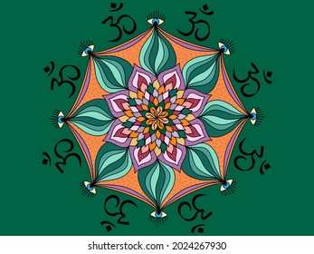 Aum colorful mandala. Mandala design vektor illustration on green background. Om Aum a sacred mantra and a symbol of Hinduism.