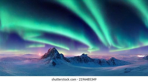 Aurora Borealis Background, Beautiful Northern Lights Over Snowy Mountains And Ice Lakes, Starry Night, Nature Wallpaper, 3d Render, 3d Illustration