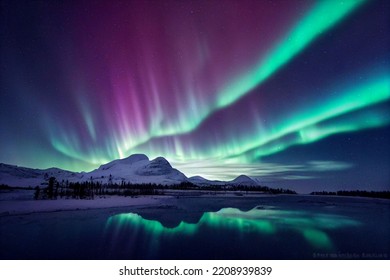 Aurora Borealis Horizontal Landscape Polar North Greenland Finland Boeialis Nightscape Green Mountains Forest Night Beautiful Nature Phenomenon Lights 3d Illustration Rays Winter Ethereal Sky Blur